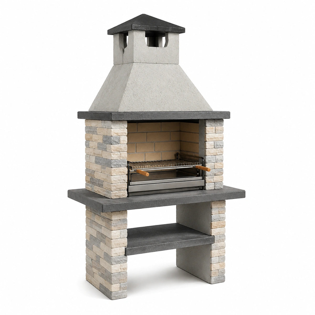 Barbecue cheminée de jardin 100 x 70 x 210 cm en pierre et béton gris beige avec grille style rustique