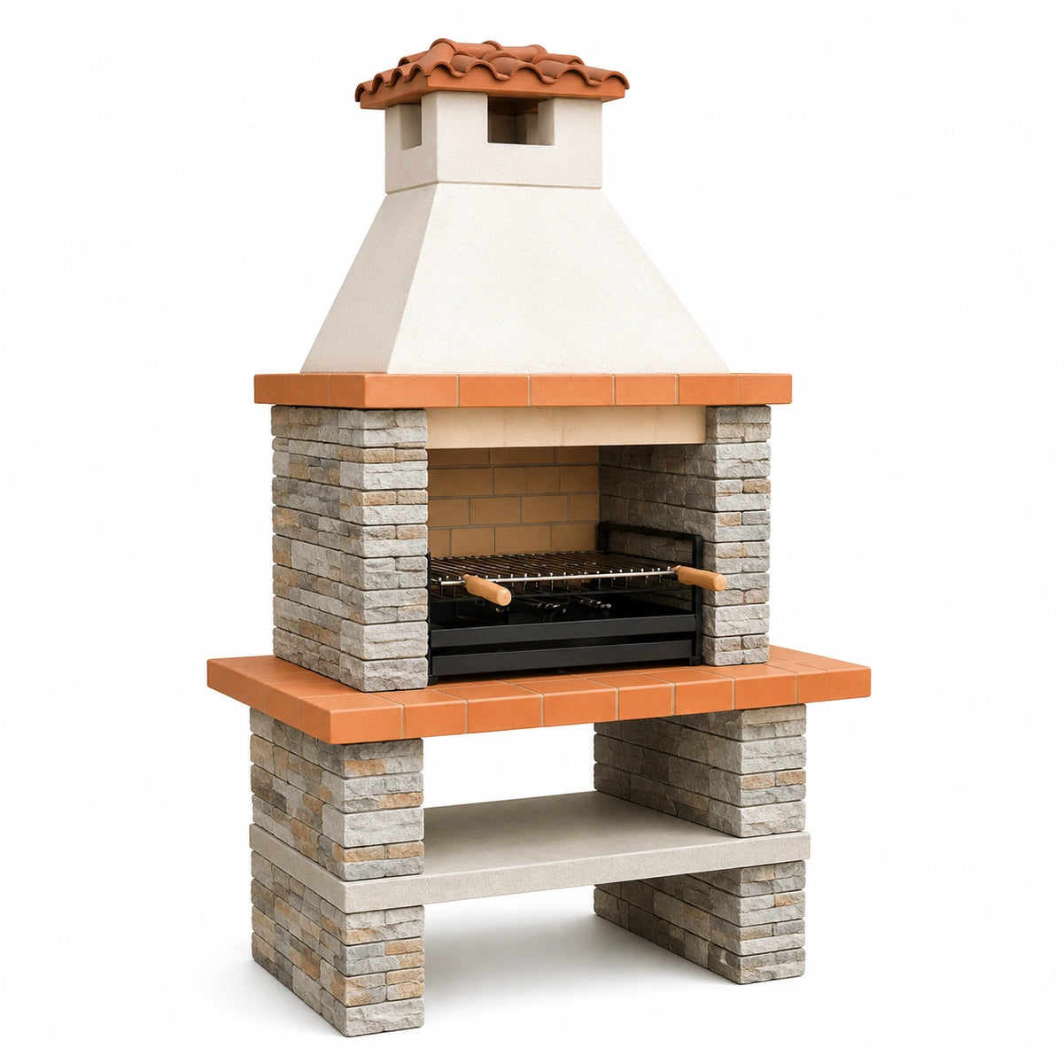 Barbecue de jardin 120 x 70 x 220 cm en pierre et acier beige terre cuite avec grille style traditionnel