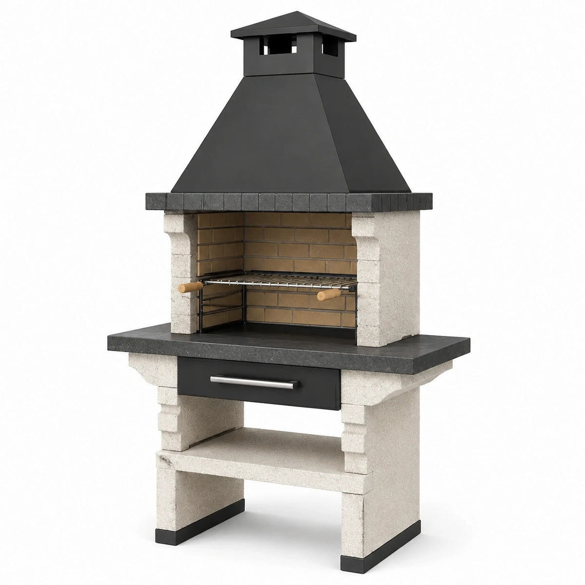 Barbecue de jardin 120 x 75 x 220 cm en pierre et métal noir avec cheminée et grille réglable