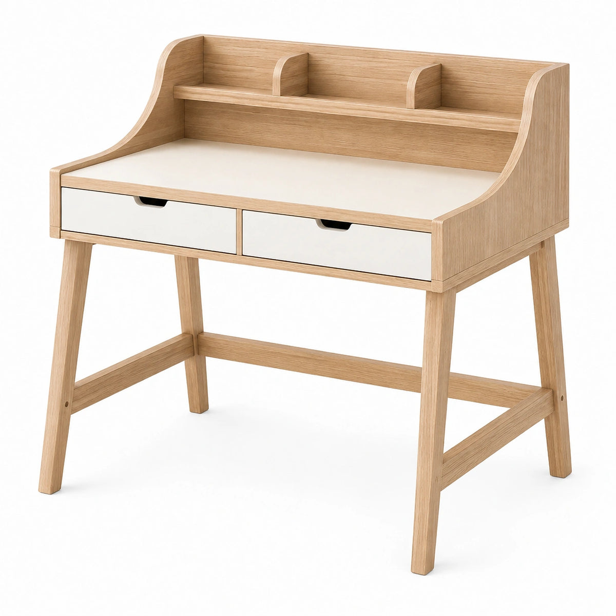 Bureau enfant 100 x 60 x 110 cm en bois beige et blanc avec rangements style scandinave
