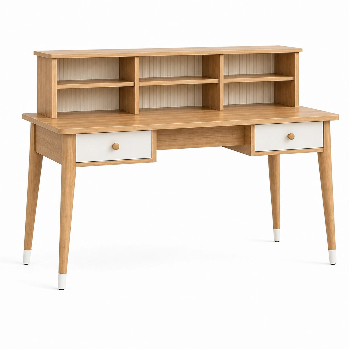 Bureau avec rangement 120 x 60 x 110 cm en panneaux de bois naturel et blanc style scandinave