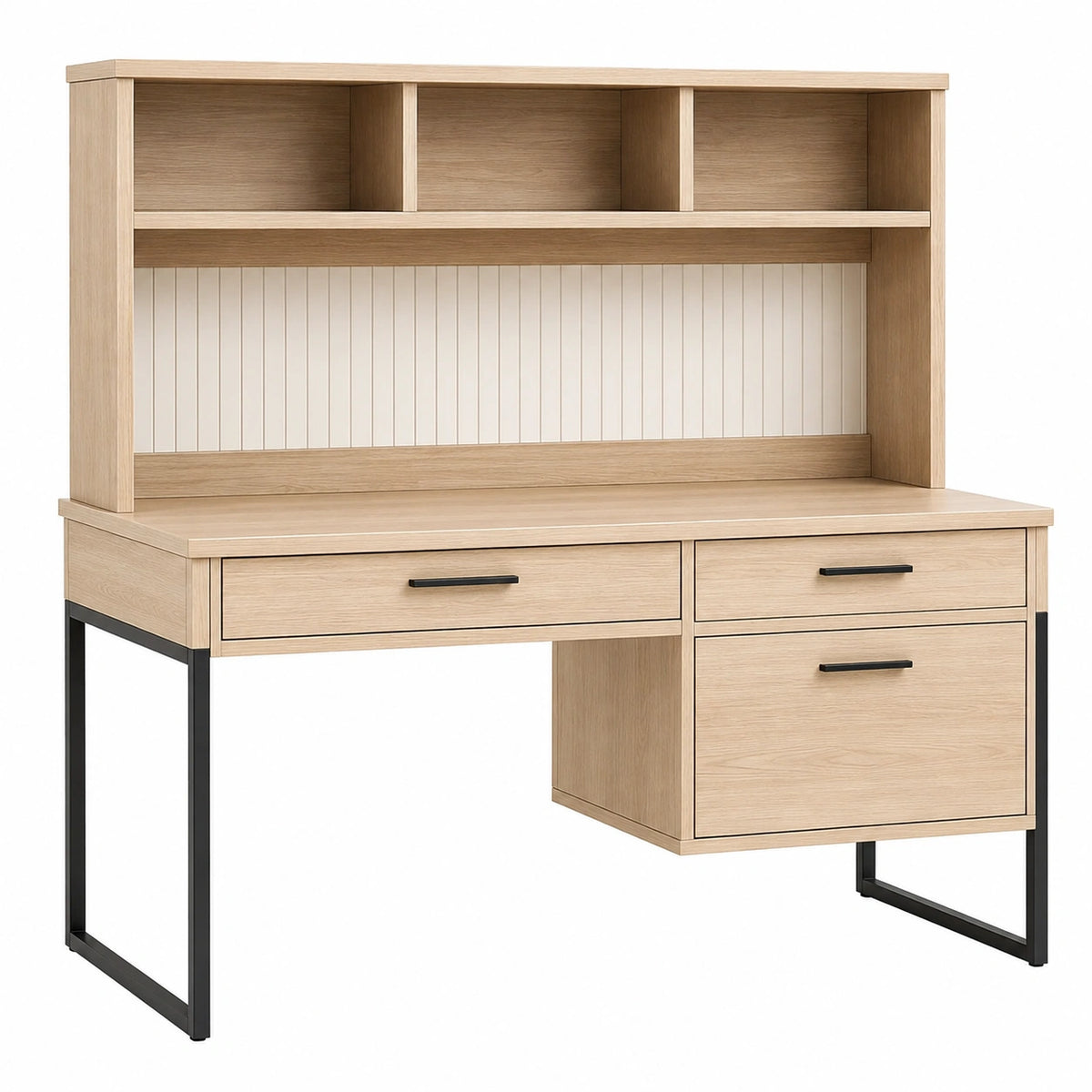 Bureau avec étagère 140 x 60 x 150 cm en bois clair et métal noir style industriel avec tiroirs