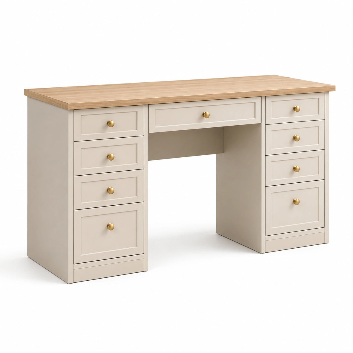 Bureau 140 x 60 x 75 cm en panneaux de bois beige et chêne avec 9 tiroirs style classique