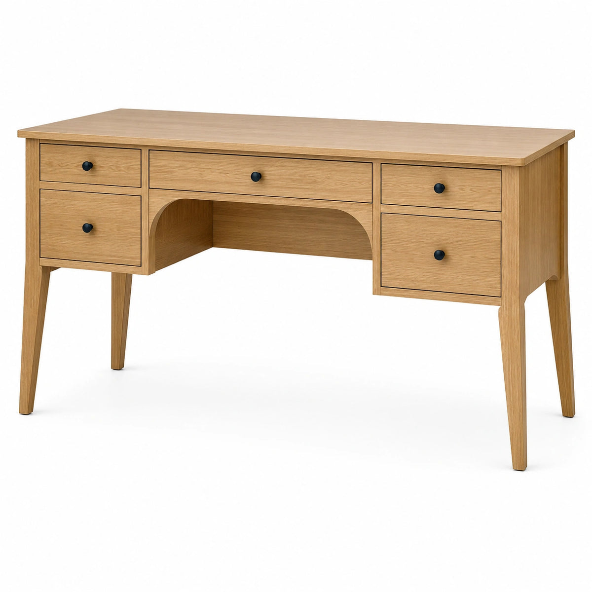 Bureau 150 x 60 cm en bois finition chêne naturel avec 5 tiroirs style classique