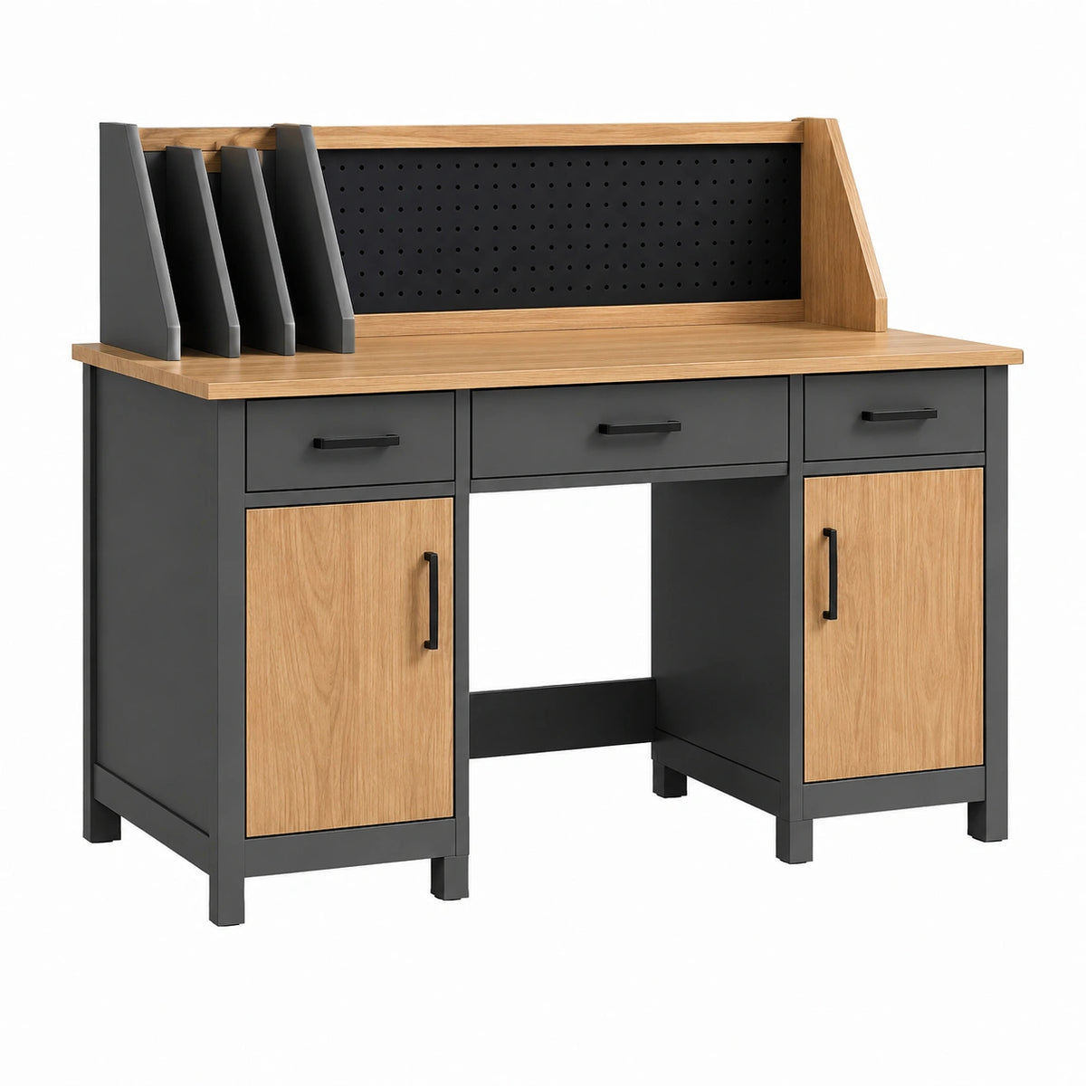Bureau de travail 140 x 60 x 110 cm bois naturel noir avec rangements style industriel