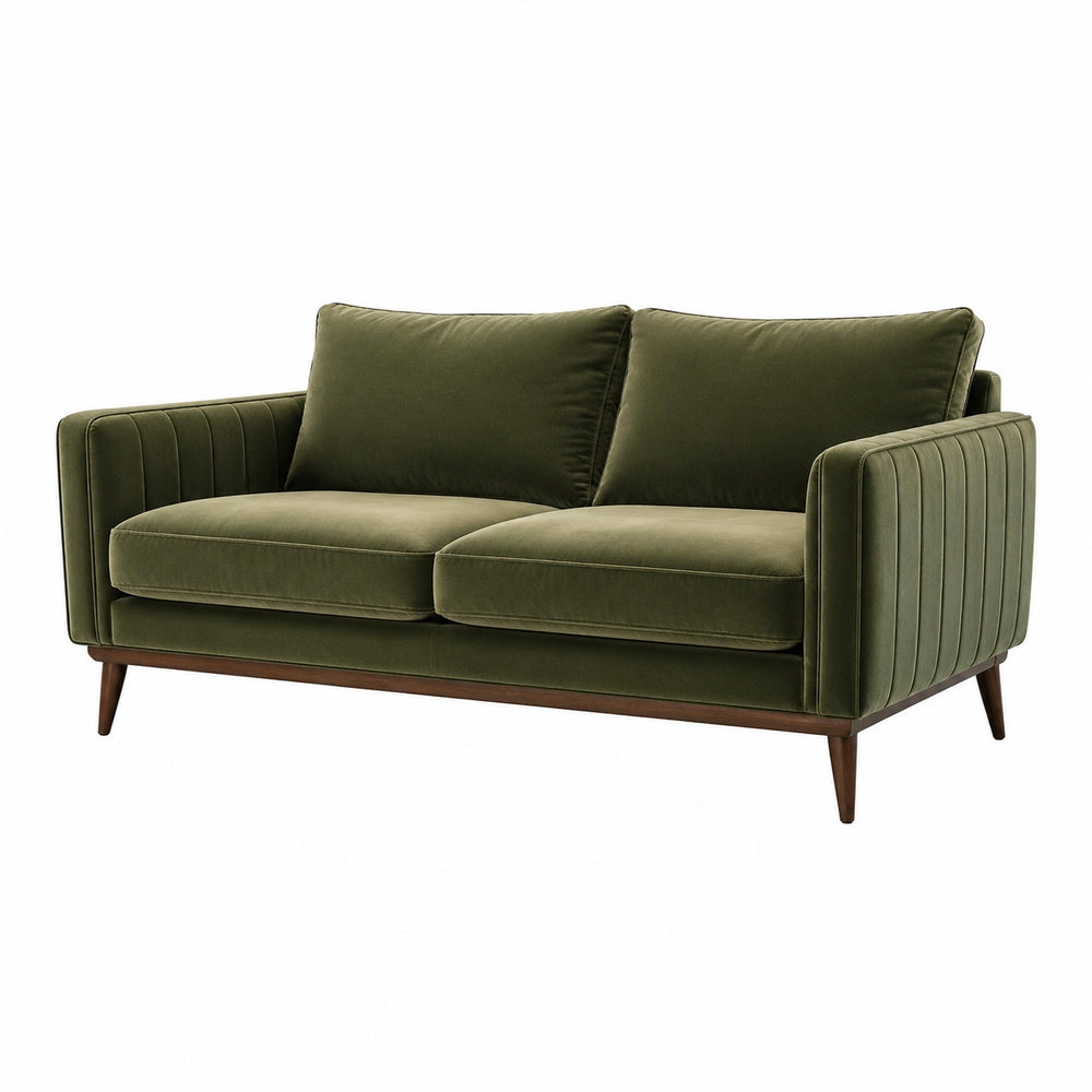 Canapé 2 places 165 x 85 x 85 cm en velours vert olive avec pieds en bois style rétro