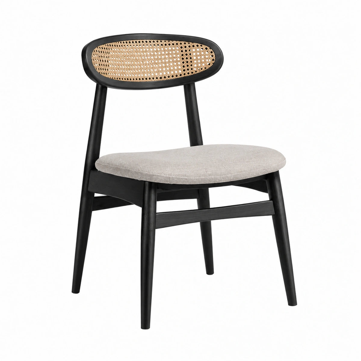 Chaise 50 x 55 x 80 cm en bois noir avec dossier en rotin et assise en tissu style scandinave