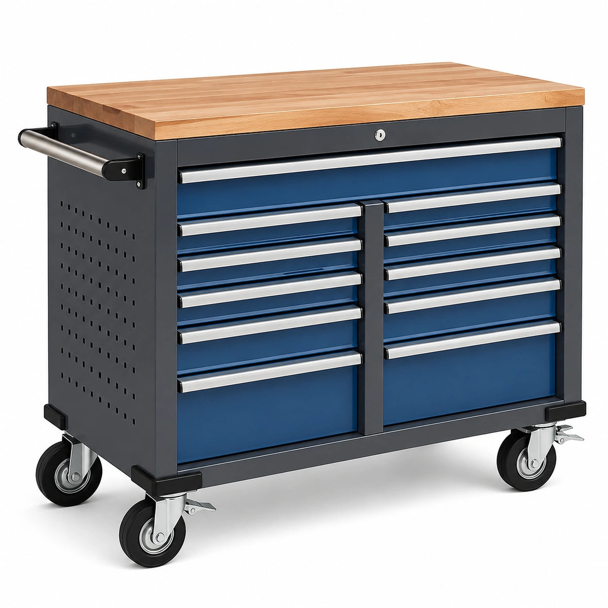 Servante d'atelier 100 x 50 x 95 cm en acier bleu noir avec plateau en bois et roulettes verrouillables