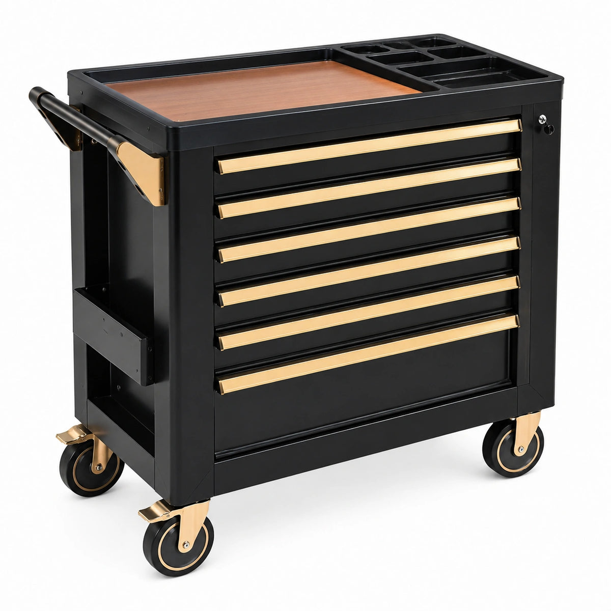 Servante d atelier 80 x 46 x 96 cm en acier noir doré avec plateau en bois et 7 tiroirs sur roulettes