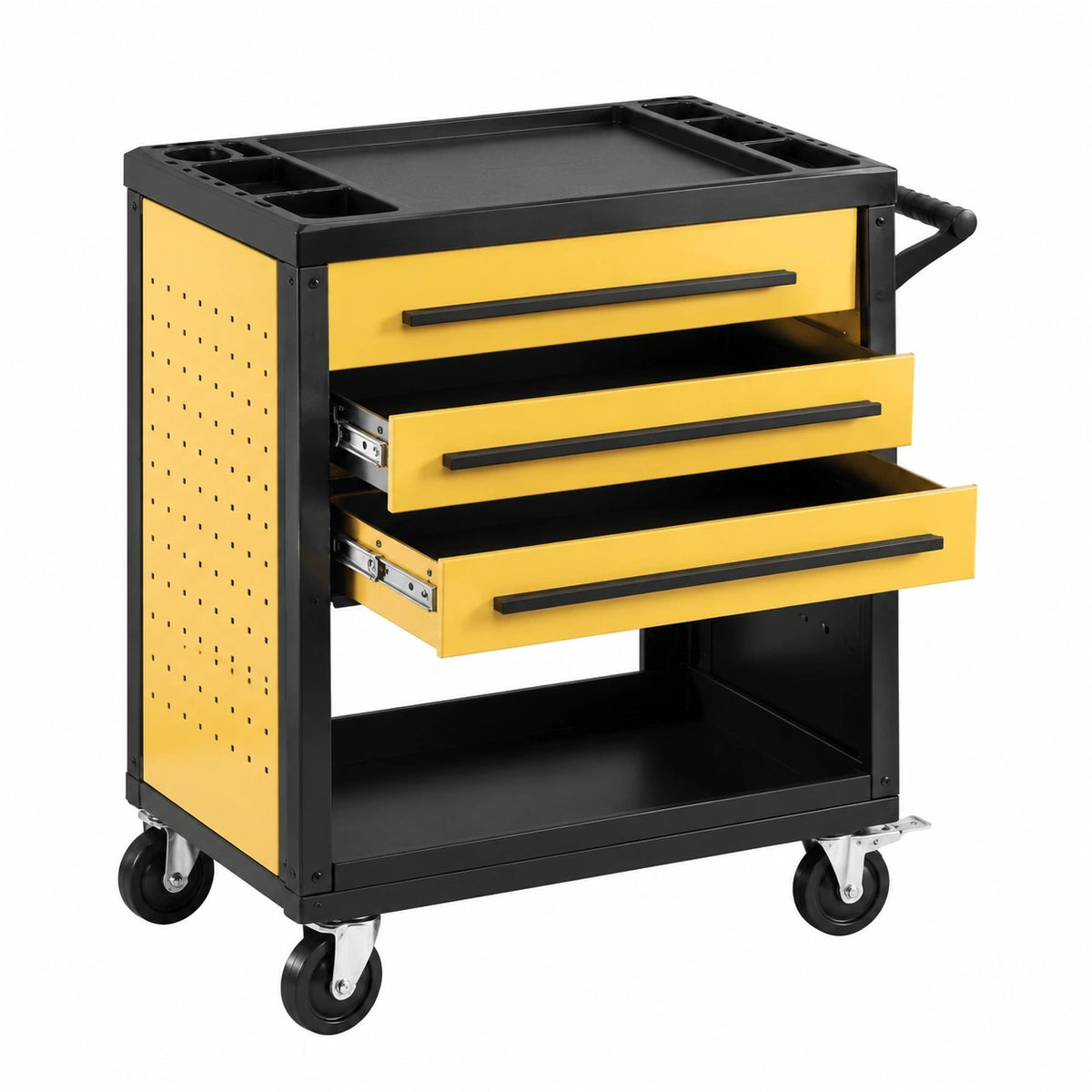 Chariot d atelier 80 x 45 x 90 cm en acier jaune et noir avec 3 tiroirs mobile