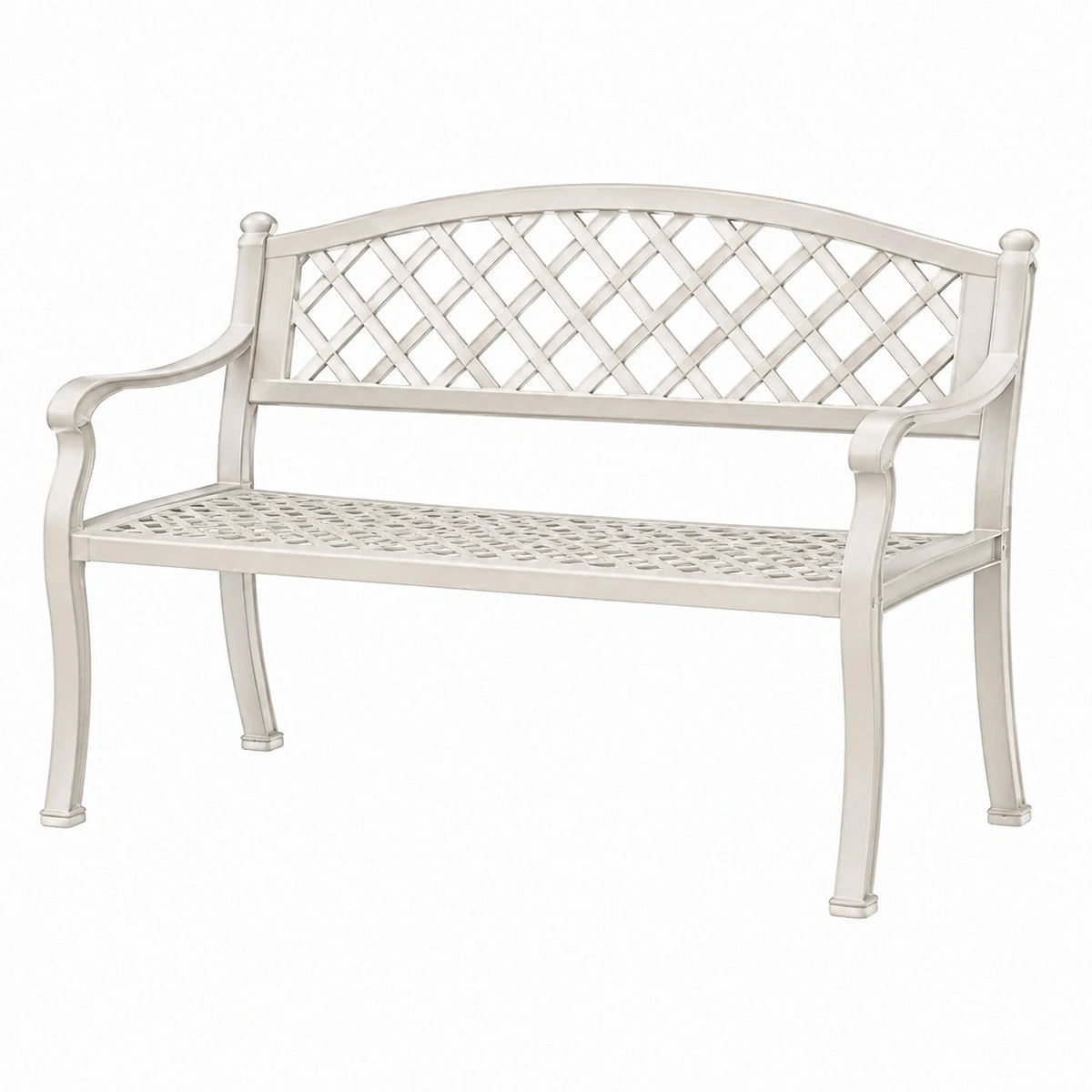 Banc de jardin 120 x 60 x 93 cm en métal blanc cassé à dossier ajouré